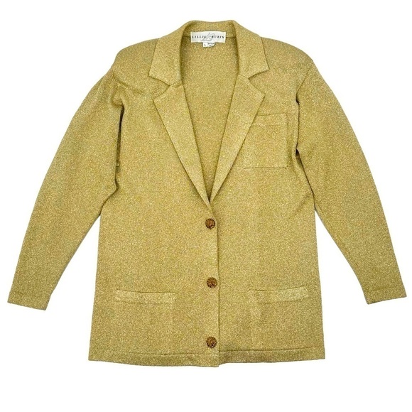 Lillie Rubin Vintage 80s Knit Sweater Blazer Glittery Gold Size Large - Picture 1 of 4